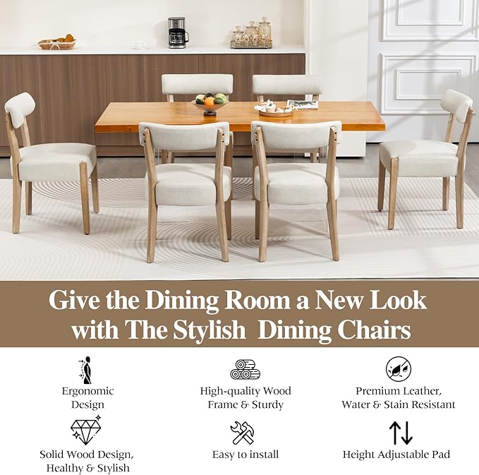 Modern Dining Chairs Set of 4 – Mid-Century Modern Faux Leather Upholstered Kitchen & Dining Room Chairs with Curved Back, Oversized Rounded Seat, Sturdy Wood Frame, Beige