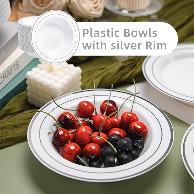 100 PCS Plastic Bowls with Silver Rim, 12oz Premium Heavy Duty Soup Bowls, Dessert and Salad Bowls for Party, Wedding and Holiday