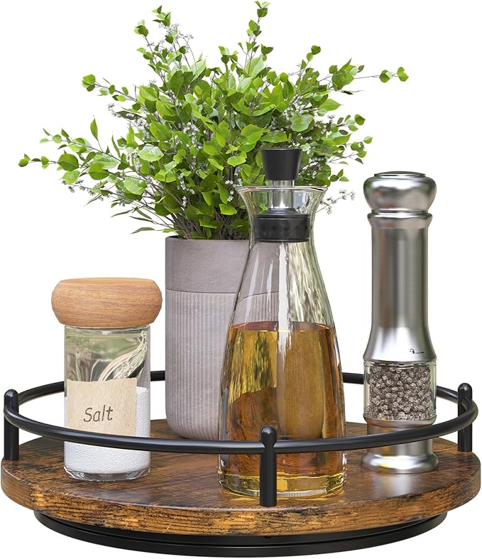 Lazy Susan Organizer：9 Inch Rotating Spice Rack for Kitchen Countertop Round Wooden Turntable Holder for Cabinet, Dining Table, Cupboard Storage – Black