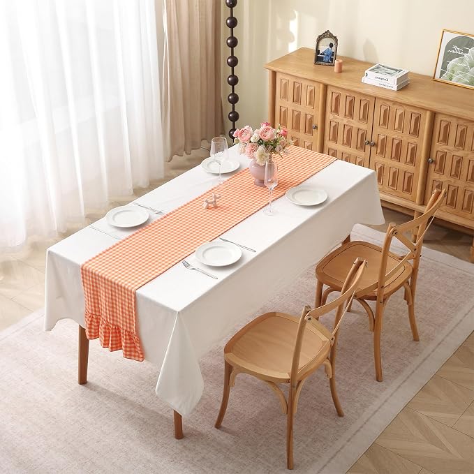 Orange White Plaid Gingham Ruffle Table Runner 120 inches Long 100% Washed - Image 2