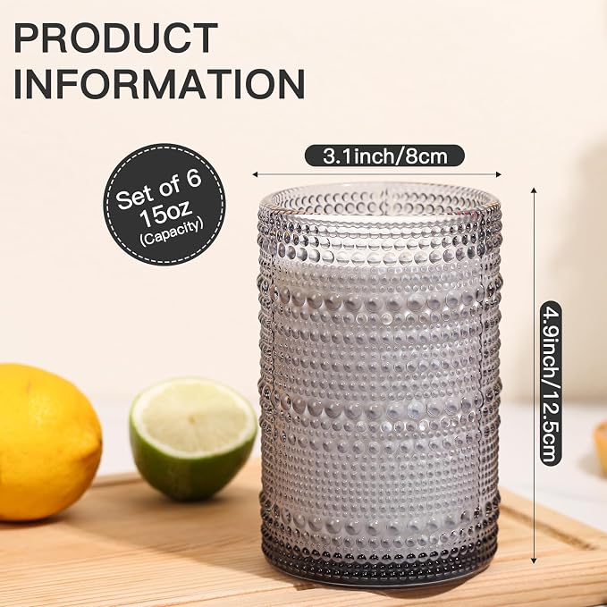 JOVGANK Grey Vintage Hobnail Drinking Glasses Set of 6, Embossed Water Tumbler - Image 2
