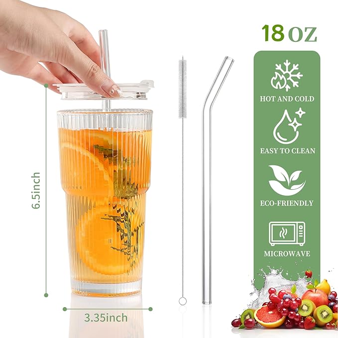 Glass Cups with Lids and Straws - 18oz Glass Tumbler with Straw and Lid, Premium Coffee Cups for Tea, Iced Coffee, Smoothie，Ideal Gift for Home, Office, Coffee Shop Use, 2 Pack