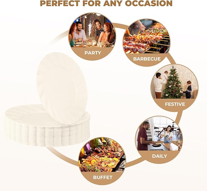 U-QE 25 Count Ivory Christmas Plastic Plates - 13.4 inch Oval Plates Disposable Plates Heavy Duty For Big Eaters, Ivory Disposable Platters Ideal for Christmas, Party, Picnic and Weddings