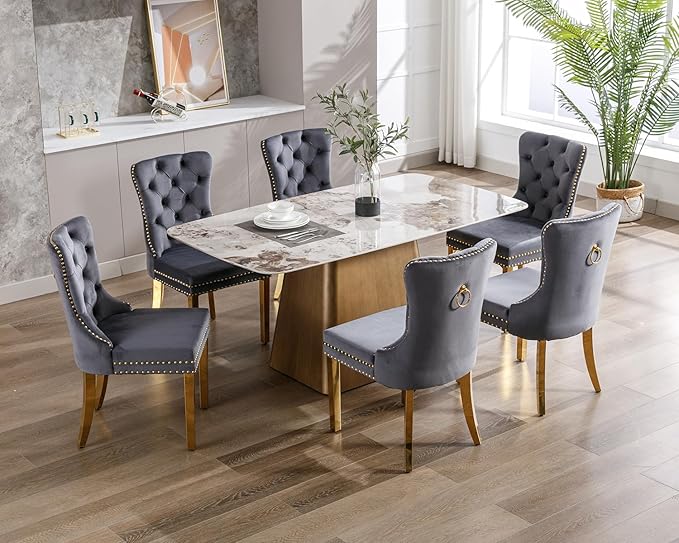 KCC Velvet Dining Chairs Set of 6, Upholstered High-end Tufted Dining Chair with Nailhead Back Ring Pull Trim Stainless Steel Legs, Contemporary Nikki Collection Modern Style for Kitchen, Dark Gray