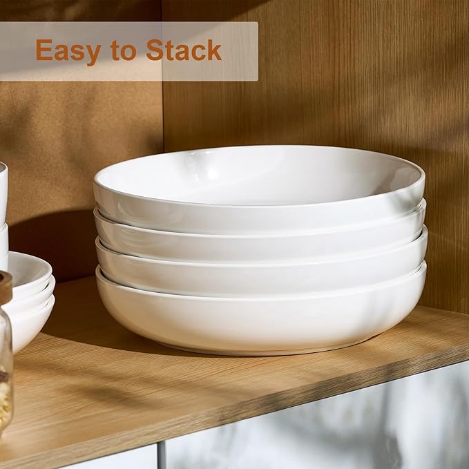 Jassceram Pasta Bowls Set of 4, 50Oz Wide Shallow Ceramic Bowls - 9.84 Inch Serving Bowls for Pasta, Salad, Soup & Cereal, Dishwasher & Microwave Safe White - Christmas Gift