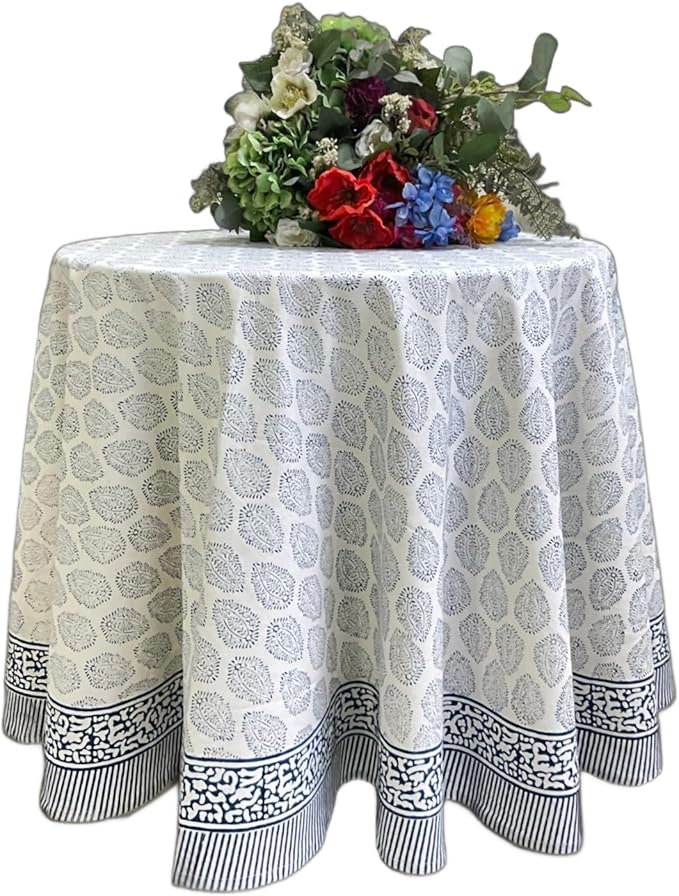 ATOSII Amalfi 100% Cotton Round Tablecloth, Handblock Print Floral Table Cloth for Kitchen Dining Linen I Parties, Weddings, Outdoors, Spring Summer I 72" Inches Round