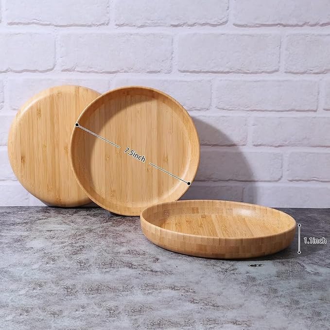 Bamboo Plates 7.5Inch Round Bamboo Plates Reusable Dinner Plates Tableware Set of 3 Wooden Plate Lightweight Dishes Snack, Dessert, Unbreakable Classic Plate
