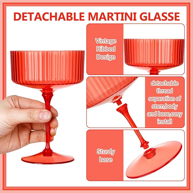48 Pcs Ribbed Martini Glasses 10 oz Disposable Plastic Vintage Ribbed Coupe Glasses Unbreakable Dessert Parfait Glassware for Wedding Birthday Party Supplies (Red)