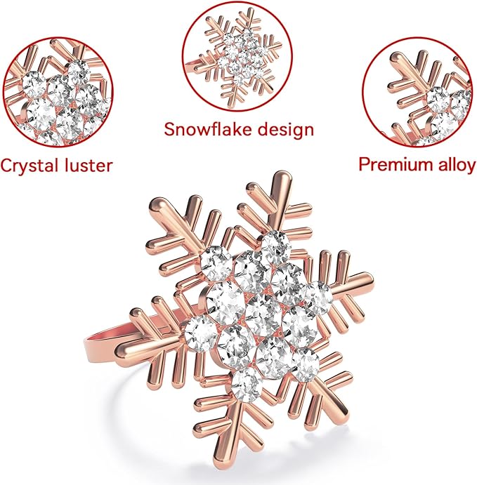 ZeeDix Christmas Snowflake Napkin Rings Set of 12- Rose Gold Rustic Dinner Tables Setting Decoration for Wedding Receptions, Christmas Holiday Party Dinner Parties