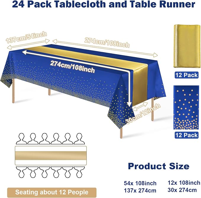 24Pack Disposable Plastic Tablecloths and Satin Table Runner Set Blue and Gold - Image 2