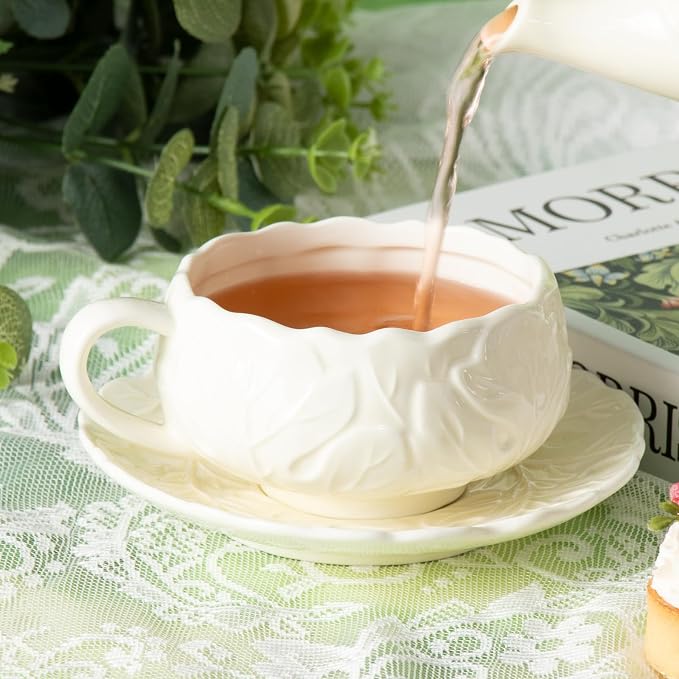 KAMMAK Tea Cups and Saucers Set of 2, 10 oz Porcelain Coffee Cups, SY005 | - Image 5