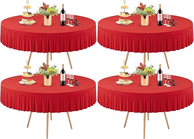 4 Pack Red Spandex Round Tablecloths for 72in Table, Stretchy Fitted 6FT Round Table Cloths, Wrinkle Free Table Cover with Skirt for Wedding Birthday Party Bridal Shower Banquet