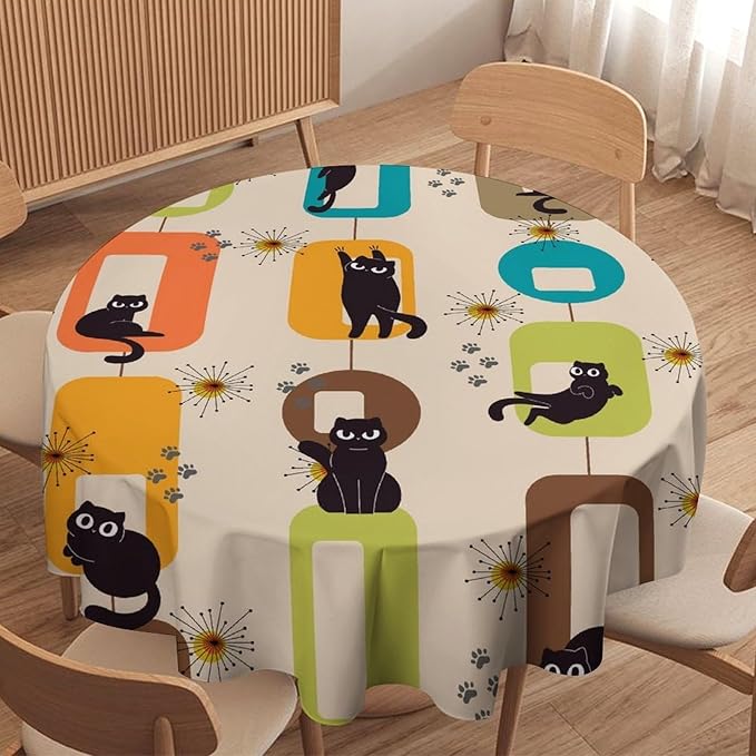 Bohemian Black Cat Round Tablecloth, Rustic Vintage Mid Century Geometric Tablecloth for Home Party Dining Room Kitchen Decor 36Inch(90cm)