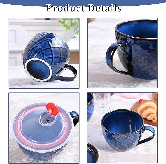 24 oz Ceramic Soup Mug with Handle & Lid, Large Microwave Safe Soup Bowl - Image 4