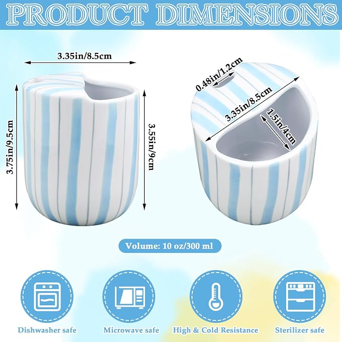 Ceramic Mug with Sip Hole 10 oz Light Blue Striped Ceramic Coffee Mug Hand - Image 2
