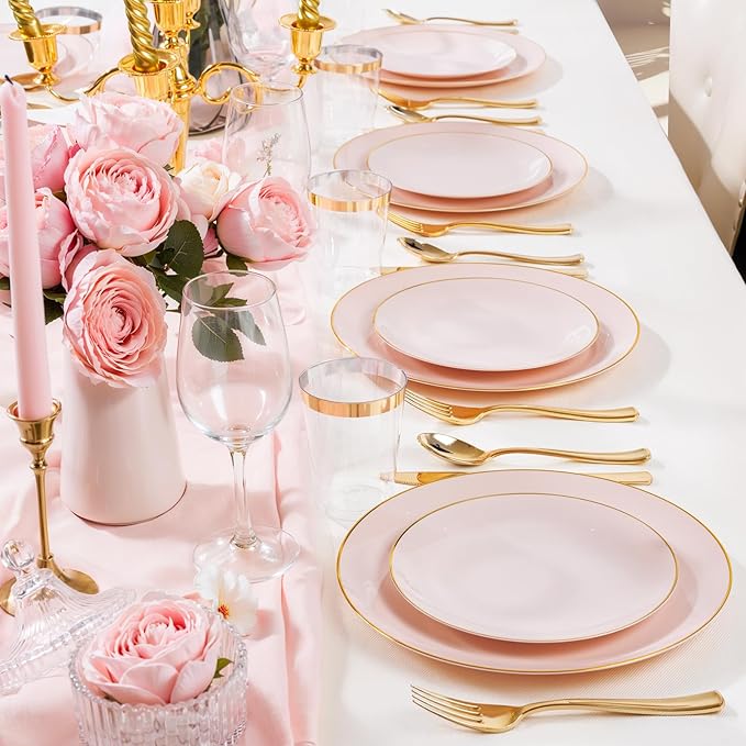 Nervure 100Pieces Pink and Gold Plastic Plates - 7.5inch Disposable Pink Salad/Dessert Plates - Heavy Duty Plastic Plate Ideal for Wedding & Party