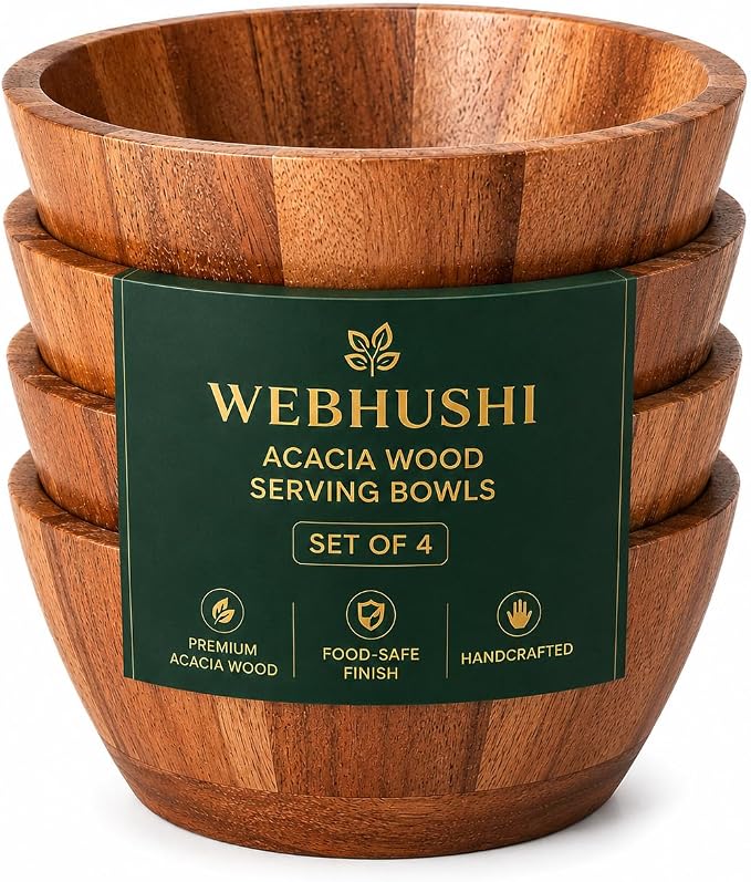 Acacia Wood Round Serving Bowls Set of 4 V Shape Handmade 4.33 Inch Medium Size by WEBHUSHI