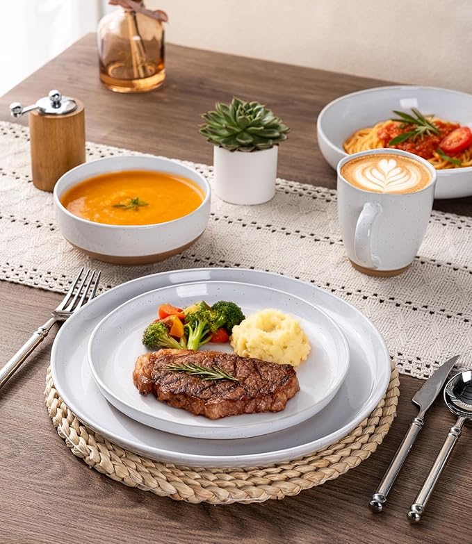 AmorArc Ceramic Dinner Plates Set of 6,10.5 Inch Stoneware Plates Set for Dinner, Elegant Dish Set with Rustic Terracotta Underside, Microwave & Dishwasher Safe, White