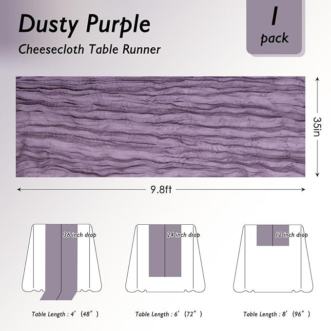 6 Pack Dusty Purple Cheesecloth Table Runner 120 Inch Boho Wedding Decor | - Image 2