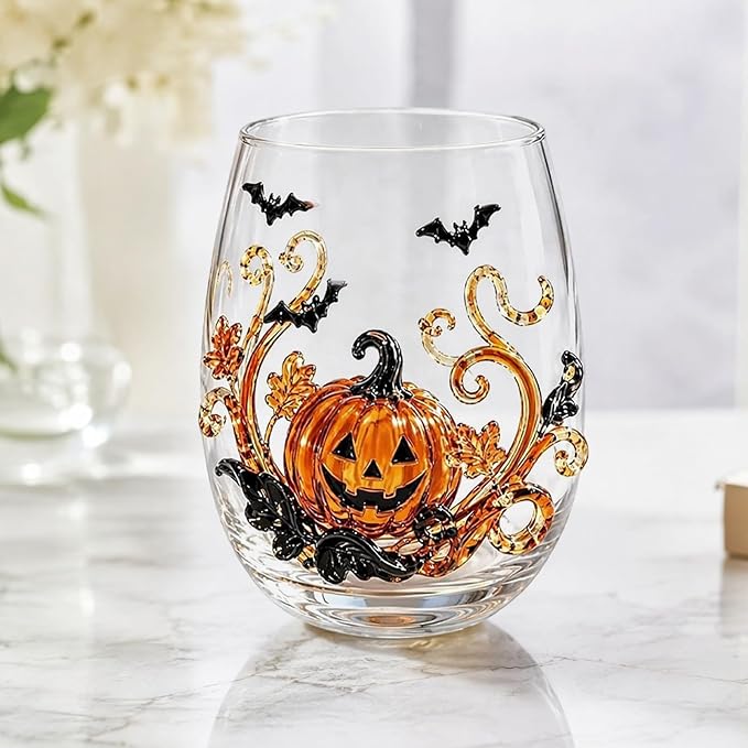 Handmade Halloween 3D Embossed Glass Tumbler Pumpkin Ghost Black | Handmade - Image 2