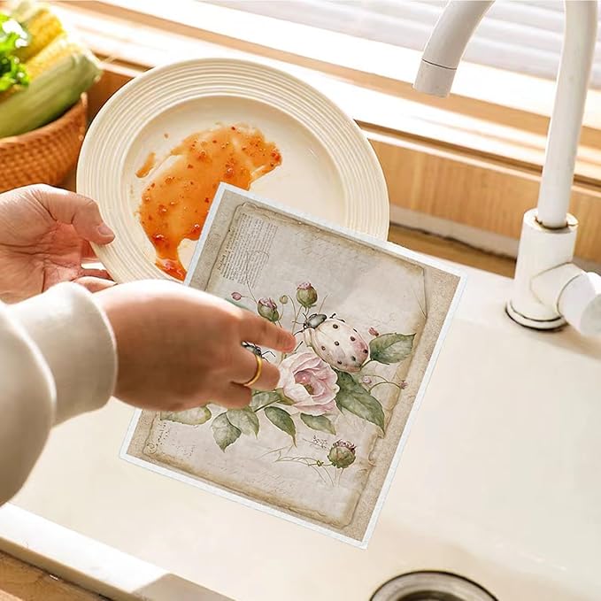 Swedish Dishcloths for Kitchen, Vintage Floral Swedish DishCloths, Papaya Reusable Paper Towels Washable, 4 Pcs Dish Towels for Kitchen Party Home Housewarming Cleaning Cloths