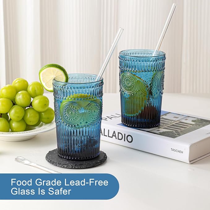 ZMOWIPDL Drinking Glasses Set of 6, 13oz Flower Design Blue Glass Cups | - Image 4