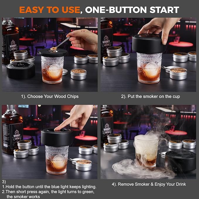 Upgrade Electric Whiskey Smoker Kit with 2 Wooden Bourbon Glasses, 6 Flavors Wood Chips, 2 Ice Ball Molds, Rechargeable Cocktail Smoker Kit Old Fashioned Drink Smoker Kit, Gifts for Men,Dad,Husband