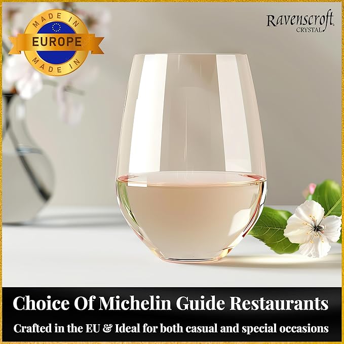 Set of 8 European-Made Stemless Wine Glasses | Named New York Times Best Stemless Glass of 2017 | 17 FL Oz. | 100% Lead-Free Crystal | Thin | Dishwasher-Safe | Gift Idea | Perfect for Everyday Use