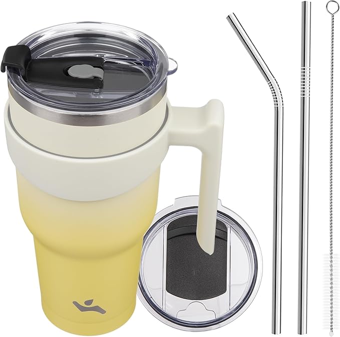 Konokyo 40 oz Tumbler with Handle and Straw, Insulated Travel Mug | Lemon; by Konokyo