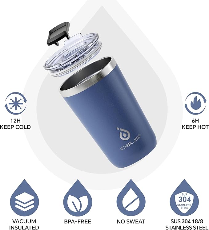 Ideus 20 oz Tumbler, Travel Coffee Mug with Splash Proof Sliding Lid, Double Wall Stainless Steel Vacuum Insulated Coffee Mug for Home and Office, Keep Beverages Hot or Cold, Ocean Blue