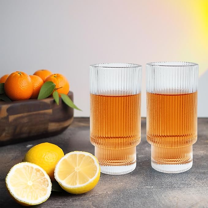 XKXKKE 12 oz Ribbed Drinking Glasses Set of 6, Highball Glass Cups Ridged Glass - Image 2