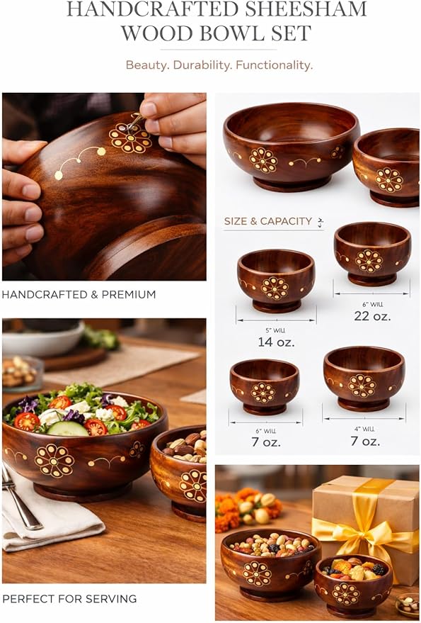 AMERZONE Handcrafted Sheesham Wood Bowl Set | Decorative Brass Inlay | 6, 5, 4 Inch Nested Serving Bowls for Salad, Snacks, Dry Fruits & Ice Cream | Stackable Kitchen Serveware (Set of 3)