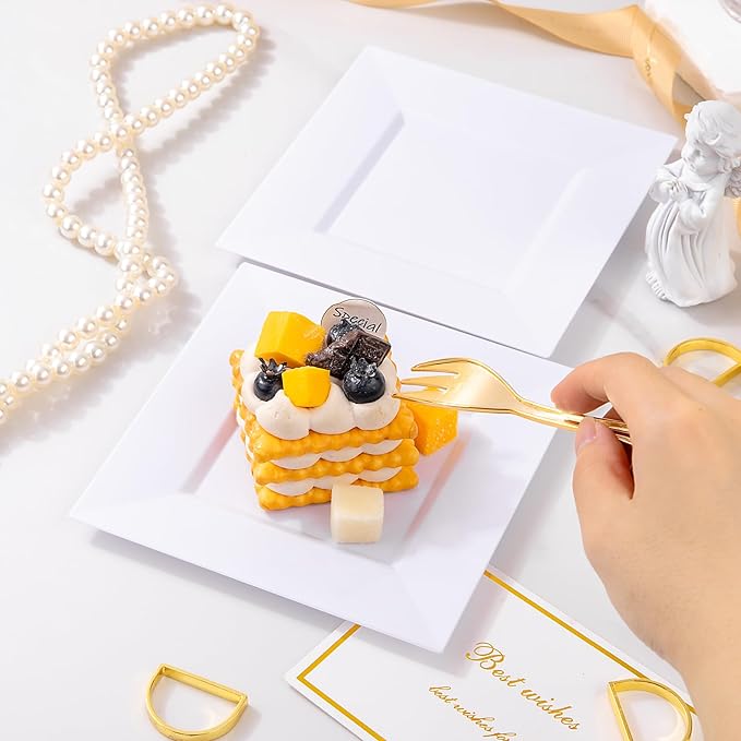 supernal 200Pcs White Dessert Plates,White Disposable Square Plates for 100 Guests, Including 100 Plastic Appetizer Plates and 100 Dessert Forks for Party Valentine's Day Afternoon tea