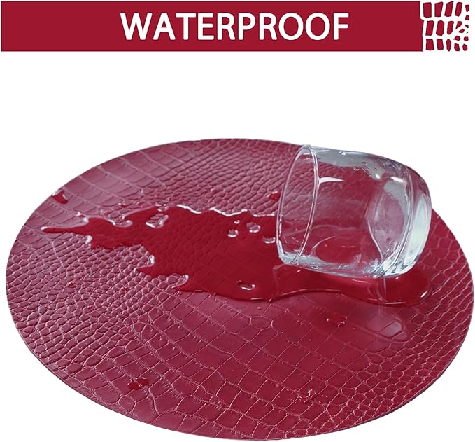 Jovono Round Leather Placemats for Round Tables Set of 6, Red Place Mats and Coasters, Wipeable Waterproof Heat Resistant Table Mats Easy to Care for Indoor Decor 14 inch Diameter