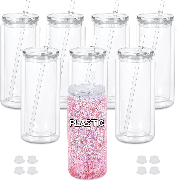 20 Oz Plastic Snowglobe Tumbler, 8 Pack Pre-Drilled Double Wall Acrylic Snow by Maucircol