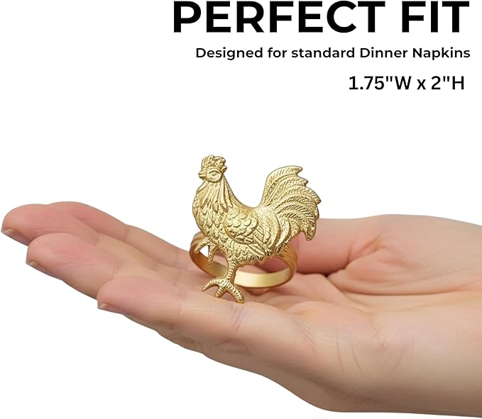CLEENTABLE Napkin Rings Set of 12, Metal Napkin Holder Cuffs for Dinner Table Décor, Thanksgiving Rooster Farmhouse Modern Serviette Rings for Christmas, Weddings, Receptions, Gold