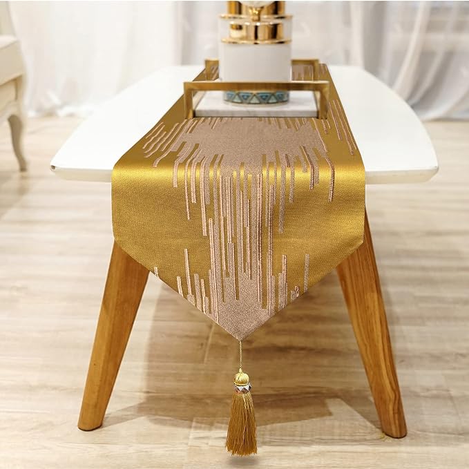 Luxury Golden Table Runner, Modern Abstract Geometric, Tassels | Satin Faux - Image 4