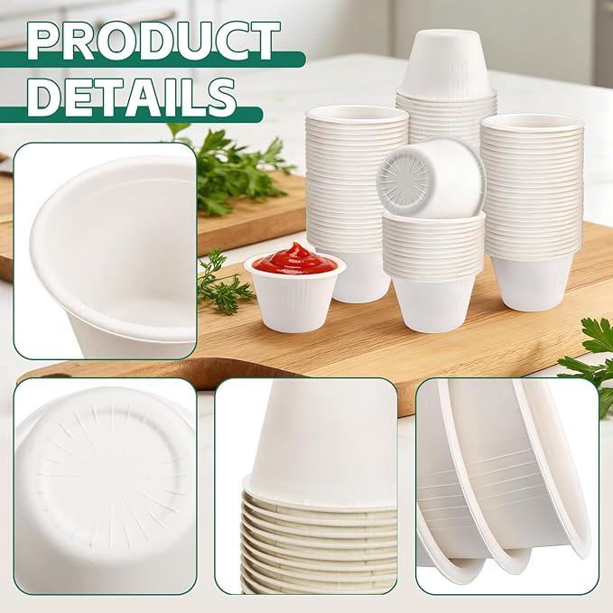 LeonBach 100 Pack Natural Bagasse Fiber Bowls,4oz Small Disposable Paper Bowls Microwavable Safe Sample Snack Cups Charcuterie Serving Cups for Sauce Portion Condiment Ice Cream Desserts, White