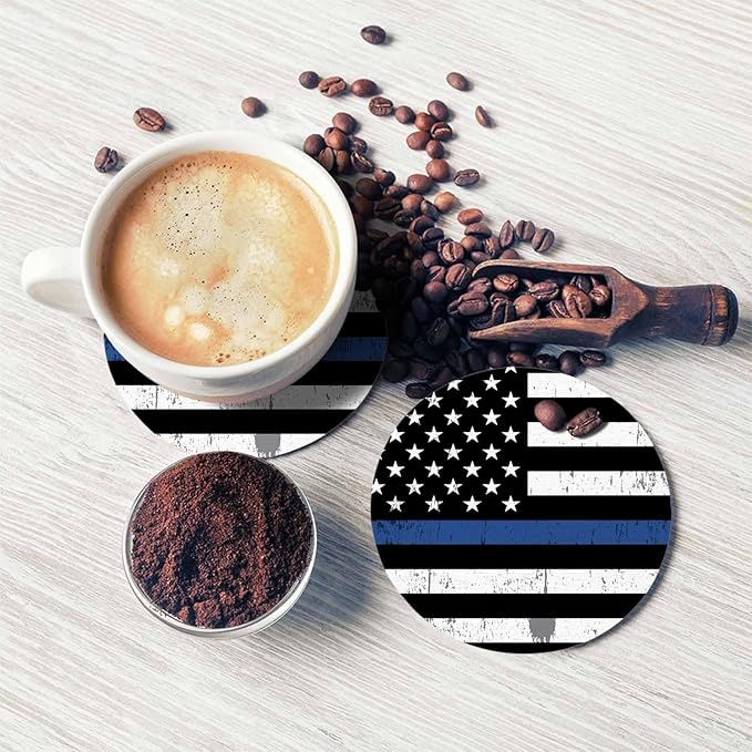 American Flag Table Coasters for Drinks Symbol of Support for Law Enforcement 100% Diatomite Home and Dining Room Bar Decor 4 X 4 X 0.35 Inch for Men Women