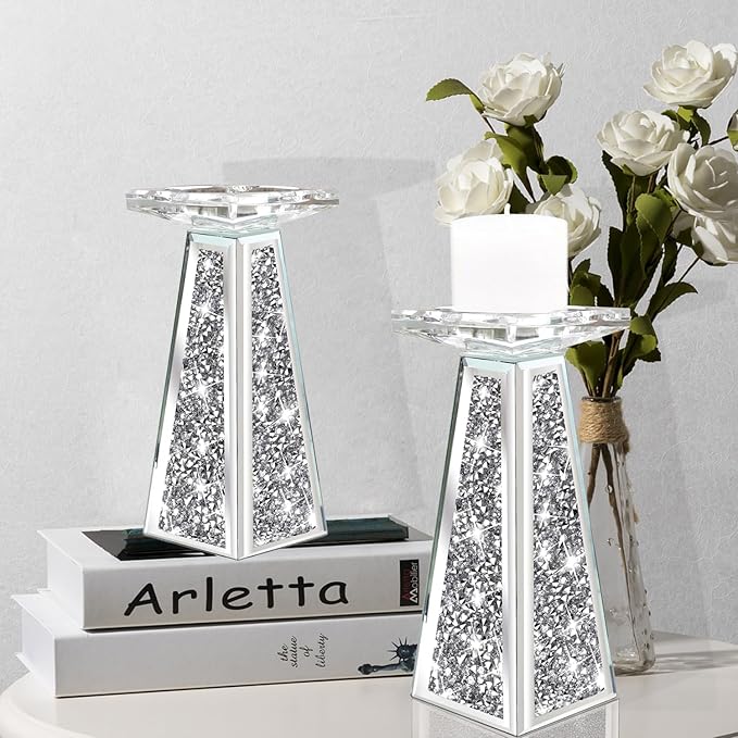 Wocred 2 Piece Candlestick Holders for Holding Pillar Candles, Crystal Crushed Diamond Candle Holders Set Decor for Dinning Room, Silver Glass Votive Candle Holders for Table Centerpiece(8”)