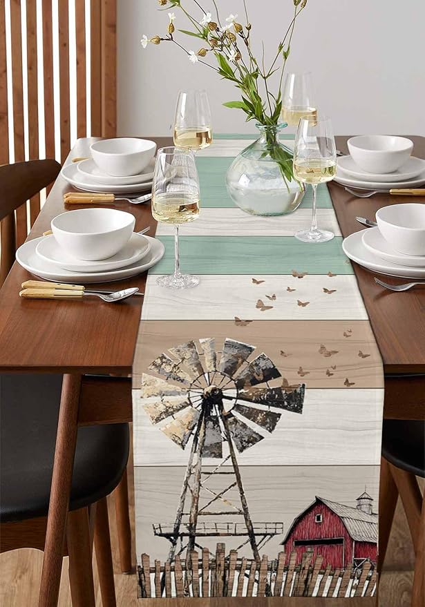 Farmhouse Windmill Short Table Runners 36 Inches, Cotton Linen Fabric Table - Image 2