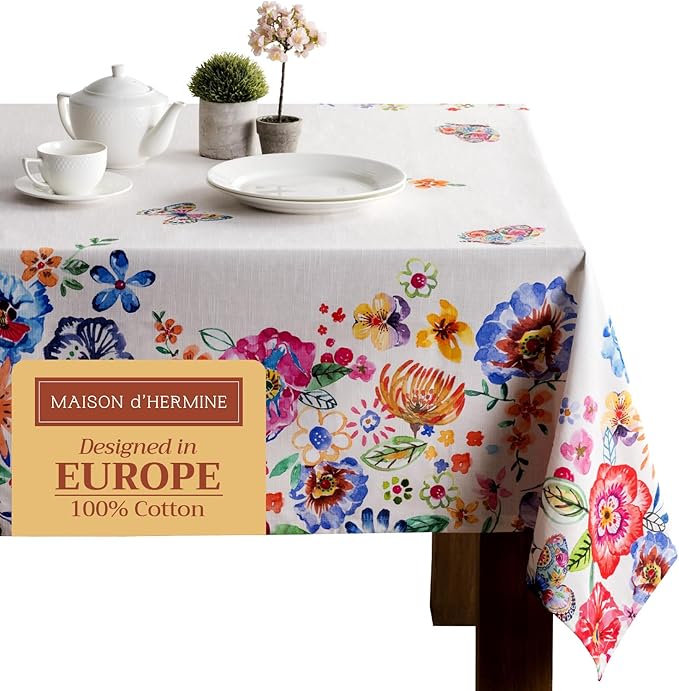 Maison d' Hermine Table Cloth Rectangle Table 100% Cotton 60 x 90 Inches Tablecloth Reusable Decorative for Dining Room Farmhouse Valentines Day Decorations Spring Summer - Happy Florals - High Summer