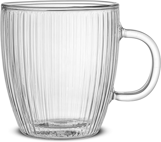 JoyJolt Fluted Glass Coffee Mugs, Double Wall 13.5oz Clear Glass Coffee Mug Set - Image 3