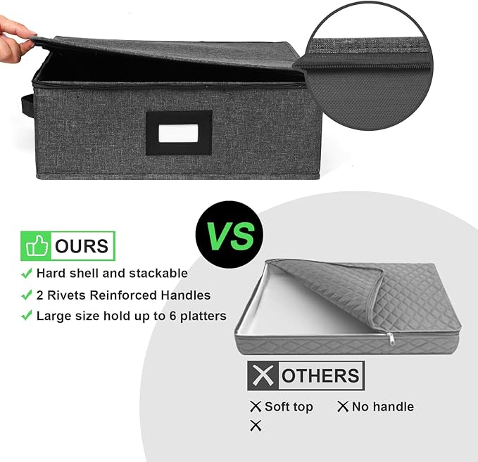 China Storage Containers 2 Pack, Platter Storage Containers 17" x 13" x 6" for Dinnerware Storage and Transport, 5 Felt Dividers Included, Structured Top and Stackable (Black)