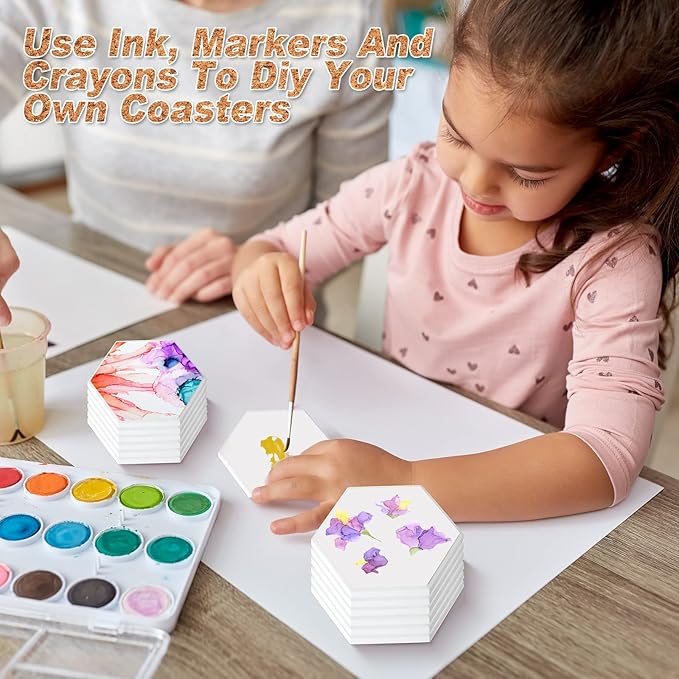 Zopeal 96 Pcs Ceramic Tiles for Crafts Coasters Include Unglazed White Ceramic Tiles with Cork Backing Pads Use with Alcohol Ink Acrylic Pouring for DIY Project Gift (Hexagon)