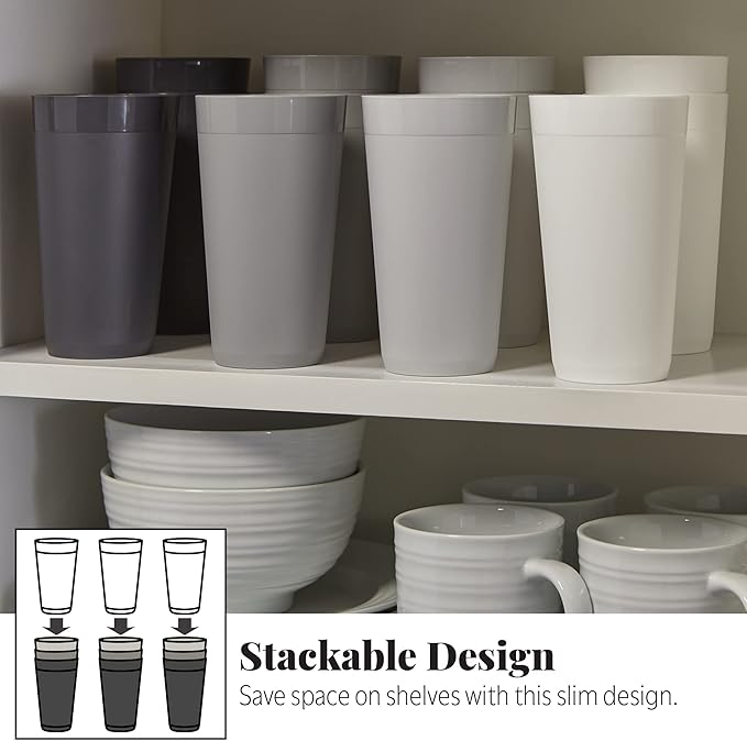 US Acrylic Newport 20 ounce Unbreakable Plastic Stackable Water Tumblers in Grey Stone | Set of 12 Drinking Cups | Reusable, BPA-free, Made in the USA, Top-rack Dishwasher and Microwave Safe | Unbreakable, Stackable, Drinking Cups, Reusable, BPA-free, ...
