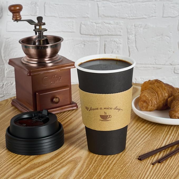 LITOPAK 100 Pack 16 oz Paper Coffee Cups with Lids, Black Disposable Coffee Cups with Lids, Sleeves and Stirring Sticks, for Parties, Picnic, Travel, and Events