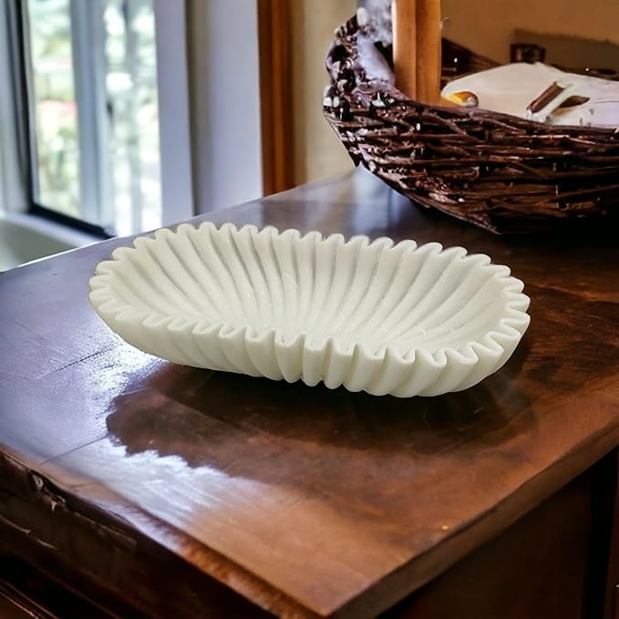 Marble Ruffle Bowls Large Scalloped Decorative Centerpiece, Decorative bowl, White Marble Ripple Bowl, Handmade Scalloped Bowl, House warming gift, Table Decor Bowl 14" White