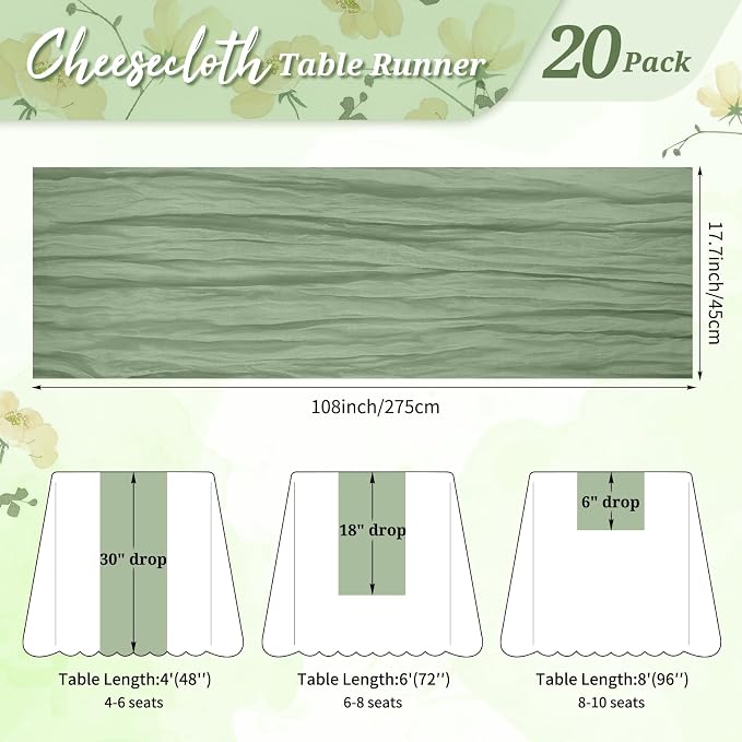Pesonlook Cheesecloth Table Runner Sage Green, 20 Pack 17.7x108 inch, Long | - Image 2