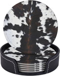 Cow Print Coasters for Drinks with Holder Round Leather Coasters Set of 6 Cups Mugs Mat Pad for Home Kitchen Bar